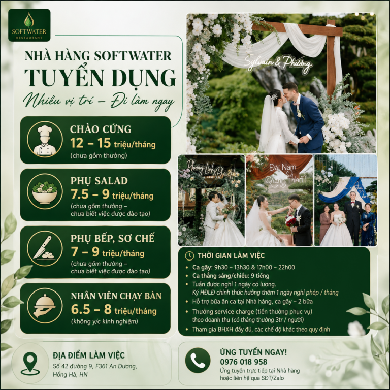 Tuyển dung nhân viên nhà hàng tiệc cưới ngoài trời Soft water